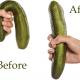 Bent and erect cucumber held by woman